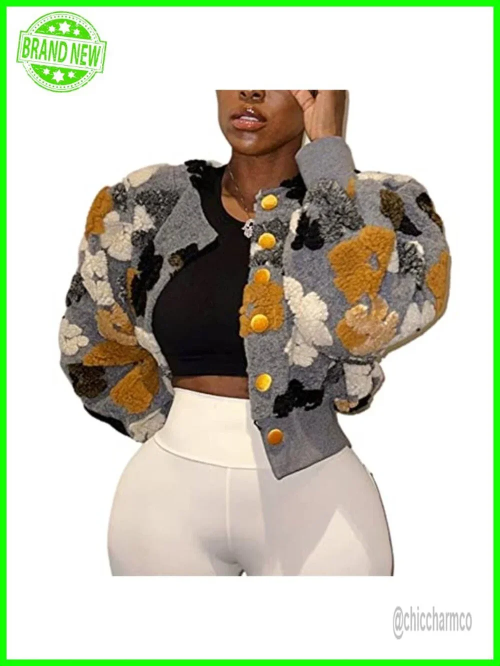 Cropped Floral Sherpa Bomber Jacket Puff Sleeve Fall Winter Coat